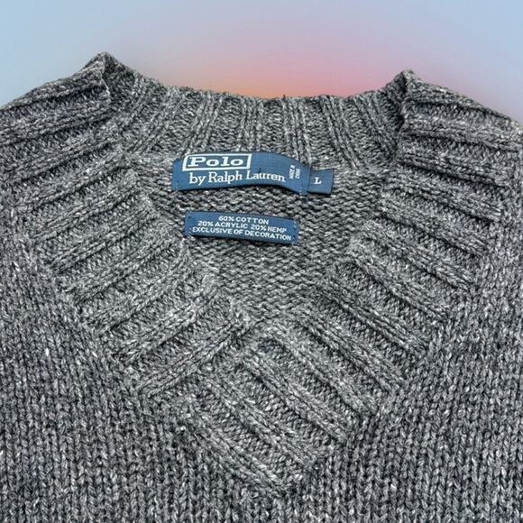 POLO RALPH LAUREN Large Gray Cotton Hemp V Neck Knit Sweater leather elbow pads - Picture 2 of 3